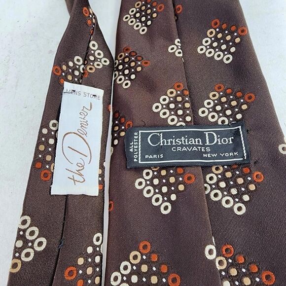 CHRISTIAN DIOR The Denver Men's Vintage Tie Brown Geometric Polyester - Picture 5 of 5